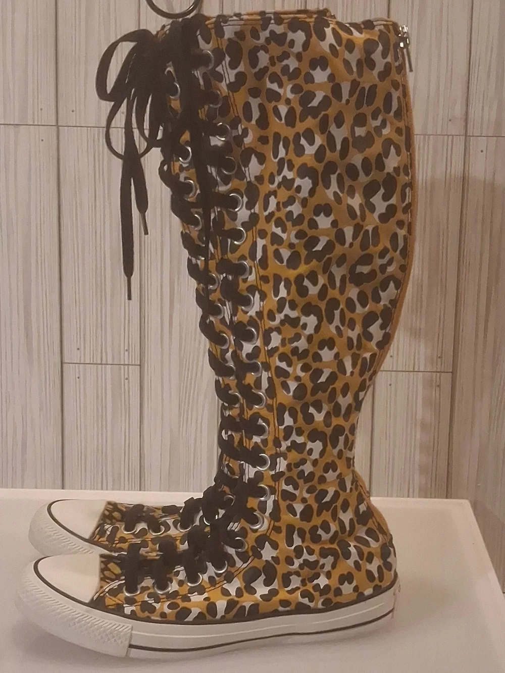 Converse Tall Leopard-Print Over-the-Knee Lace-Up Boots in Yellow Black White